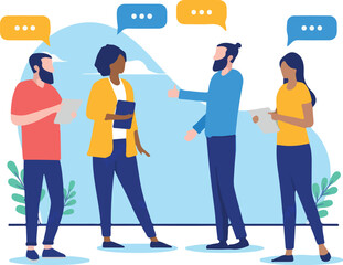 Diverse group of people communication - Men and women of different ethnicities talking and discussing in office. Flat design vector illustration with white background.