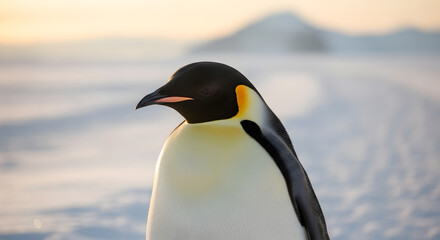 Obraz premium Close-up portrait of a tired but brave emperor penguin walking across a snowy plain with soft golden light and distant mountains, captured in authentic wildlife photography style.