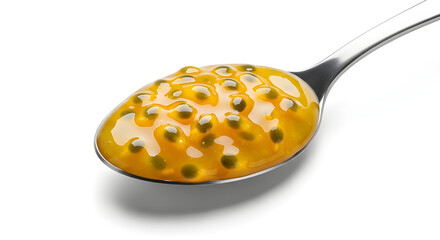 Passion fruit curd on spoon isolated on white background, tropical color with fresh glossy texture.