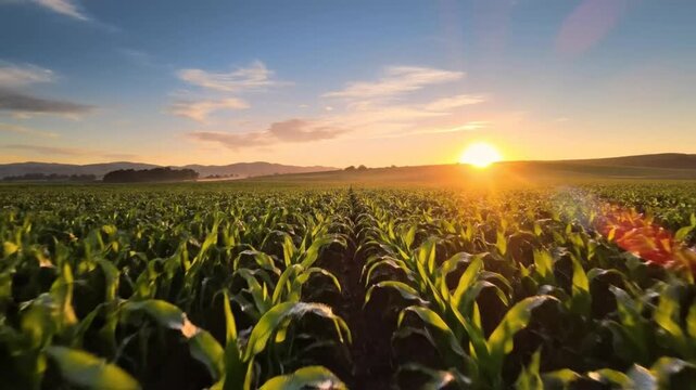 Scenic agricultural field with rows of young corn plants illuminated by the setting sun against a beautiful blue sky.