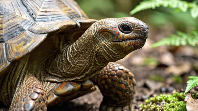 Close-up of a brown tortoise with detailed scales and a colorful head in its natural habitat, nature setting