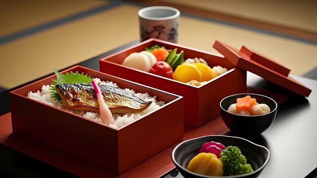Delicious Japanese Bento Box Meal with Grilled Fish and Rice.