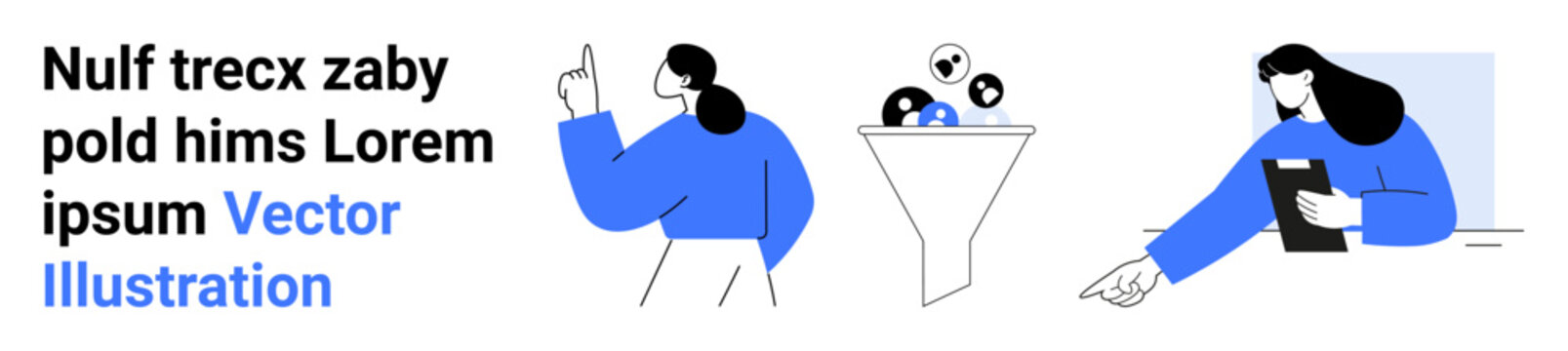 Data analysis, marketing strategy, teamwork, business decisions, customer segmentation, process optimization. Illustrations of professionals analyzing data with a funnel and tablet. Data analysis