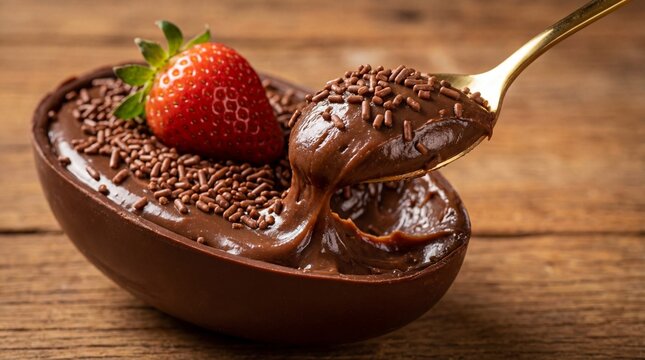 Gourmet chocolate Easter egg filled with creamy fudge, sprinkles and strawberry on wooden table