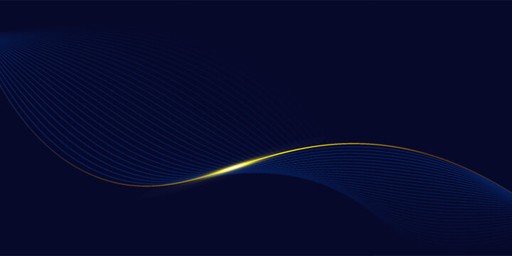 Blue luxury award background with elegant golden flowing curves and deep navy gradient for premium presentation design. Corporate or certificate template with metallic wave and smooth pattern.