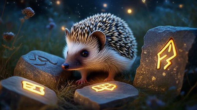 Mystical Hedgehog Guards Glowing Runes in Enchanted Forest, Generative AI Art