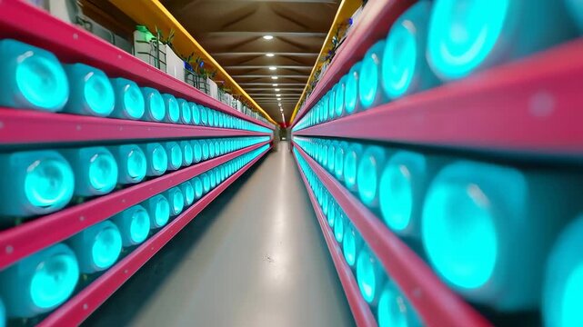 Warehouse Aisles of Glowing Cylinders: Rows of vibrant, glowing cylindrical objects lined on shelves, creating a captivating visual of modern industry.