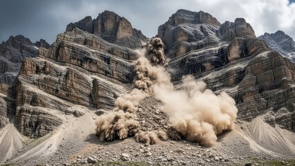 Majestic mountainside captured during a dramatic rockslide event in an arid climate landscape
