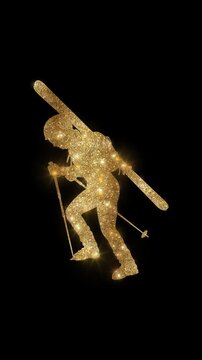 Luxury ski mountaineering racers climbing and descending with golden glitter, alpha channel