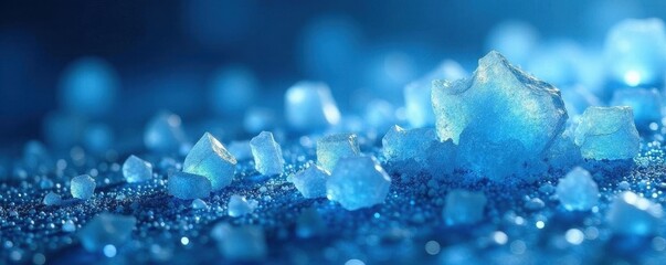 Intricate ice crystals scattered on a vibrant blue backdrop , frost, blue background, nature
