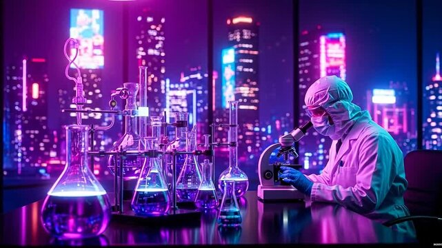 Illuminating Research: a scientist diligently examines a specimen under the microscope within a modern laboratory setting, neon lights of city through the window create a futuristic atmosphere.