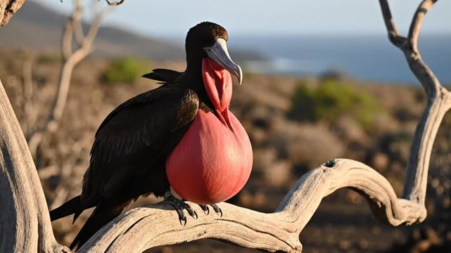 Magnificent frigatebird displays its inflated red gular pouch while perched on a weathered branch, birdwatching