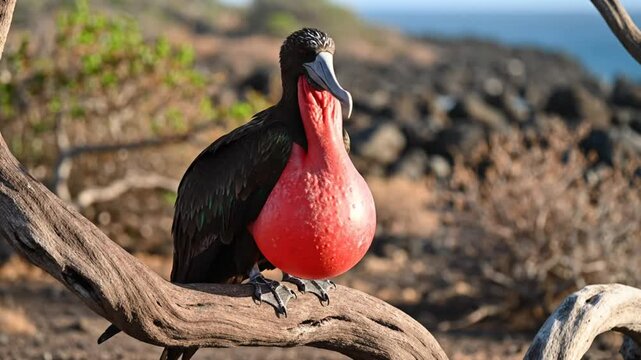 Magnificent frigatebird perched on a tree branch, showcasing its inflated red gular pouch, nature scene