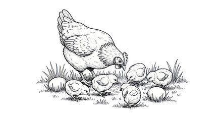 A mother hen with her chicks in a grassy field. © Ndog