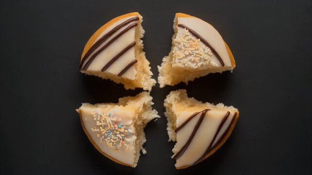 Four pieces of frosted dessert with decorations on a dark surface