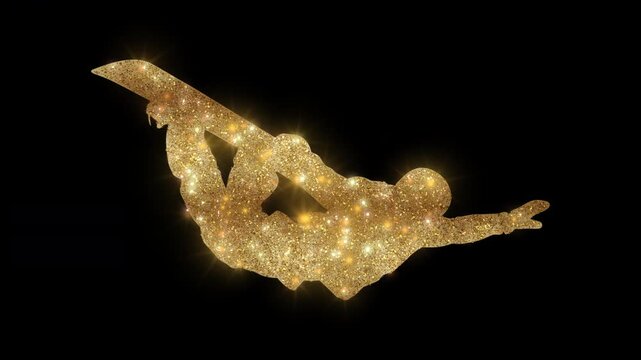 Luxury snowboarder performing a halfpipe trick with golden glitter, alpha channel