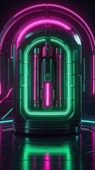 Obraz premium Neon-lit futuristic structure within a sleek, dark corridor