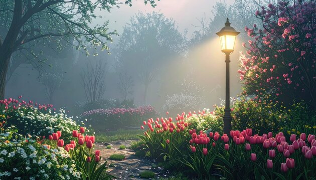 A tranquil garden path leads to a glowing lamp post in the mist