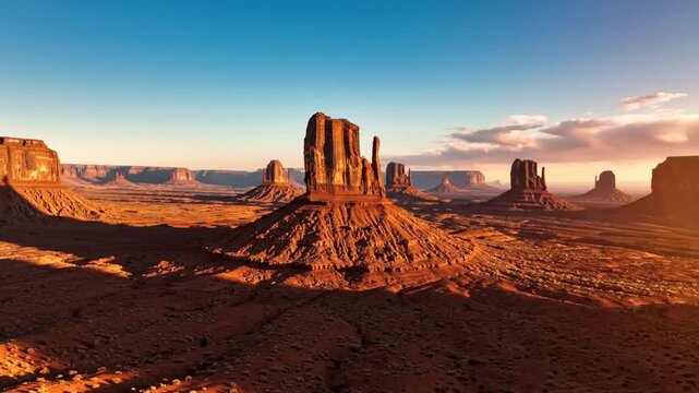 Epic landscape view of the sandstone buttes and mesas of Monument Valley in the morning light