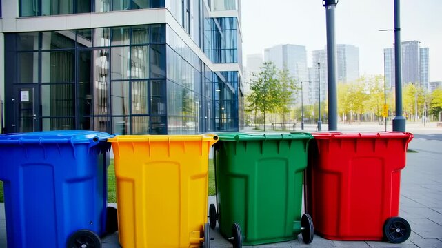 Four colorful recycling bins lined up outside a modern building