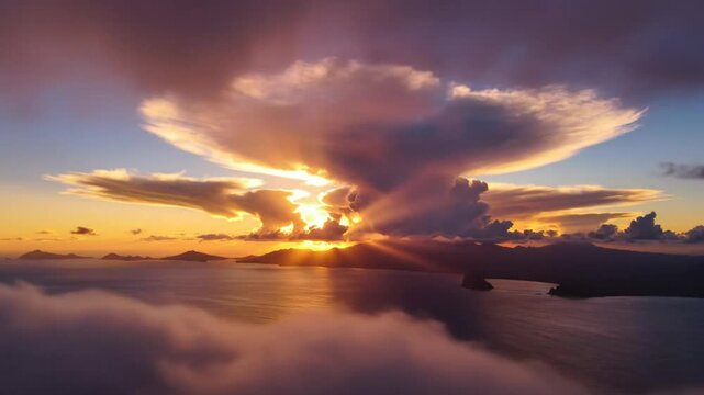 Epic sunrise illuminates otherworldly lenticular cloud formation above ocean and islands creating a stunning landscape
