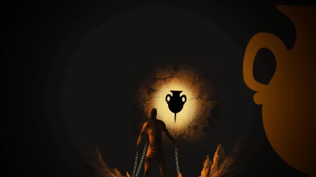 view of platos cave allegory with priest casting shadows on the wall