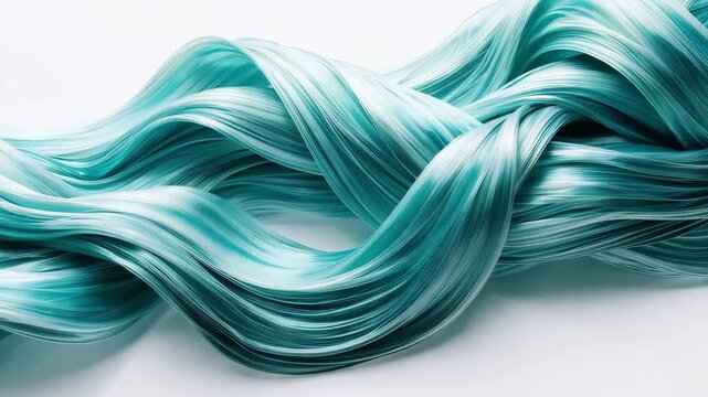 Flowing turquoise hair strands in a wavy texture on white background  