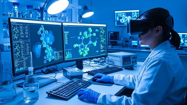 Innovative Research in Virtual Reality: A dedicated scientist immersed in a virtual reality headset, exploring complex scientific data on a dual-monitor display within a modern.