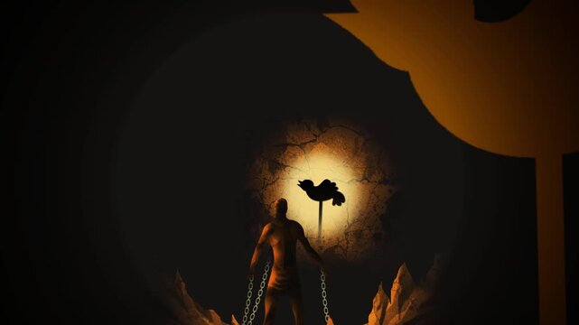 view of platos cave allegory with priest casting shadows on the wall