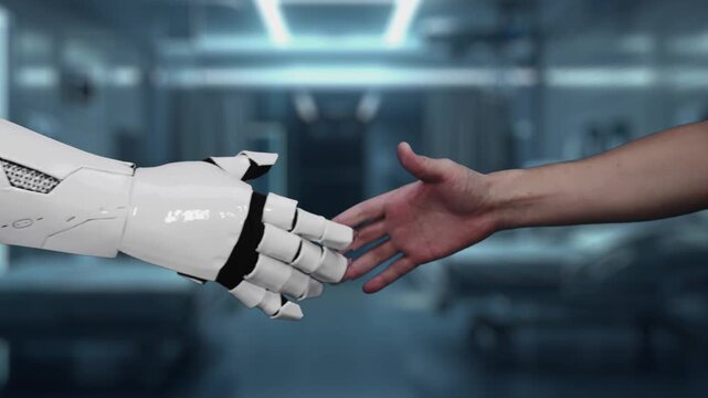 Close up of robot hand and human hand shaking hand with medical cross hologram. AI and human working together or making agreement with cross holographic floating with blurring laboratory. Salubrious.