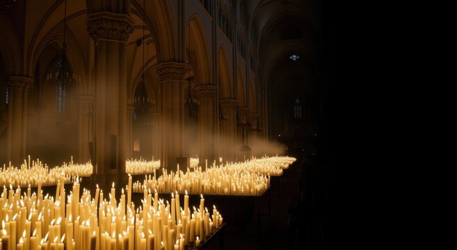Interior of a gothic cathedral filled with hundreds of burning candles. Wide cinematic shot of church nave at night with warm golden light. Religious vigil background with copy space