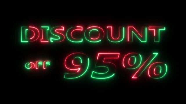 95 Percent Discount Sign text neon glowing animation on Black Background. 95%, percentage text sign with light effects. business offer, discount concept. 