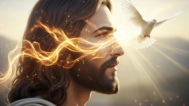 Jesus Christ profile with glowing golden breath and white dove. Divine animation of the Holy Spirit and sacred speech