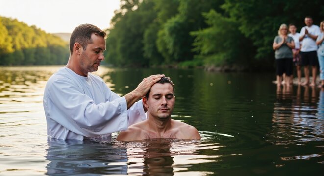 Man being baptized in a river by a priest. Religious ceremony and christian faith concept. Adult male receiving a blessing in natural water with people watching on the shore