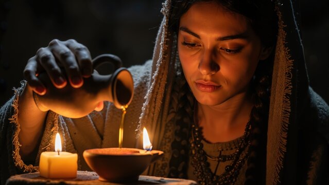 Young woman pouring oil into an ancient lamp. Traditional biblical scene with warm candlelight. Faith and preparation concept