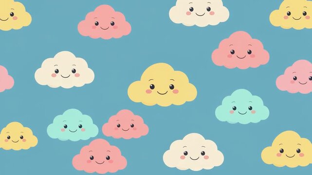 Cute Pastel Smiling Clouds Seamless Pattern Background