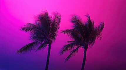 Obraz premium Vibrant Palm Trees Silhouetted Against a Vivid Pink and Purple Gradient Sky