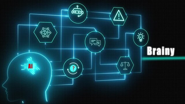 Futuristic neon cyan animation of human silhouette with glowing brain representing brainy intelligence smart thinking genius mental power and cognitive innovation.
