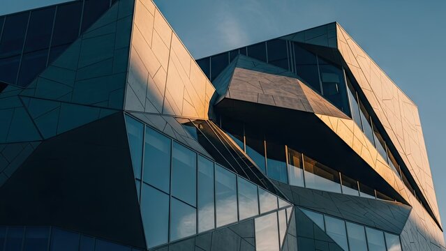 A modern building with a unique geometric design against a clear blue sky