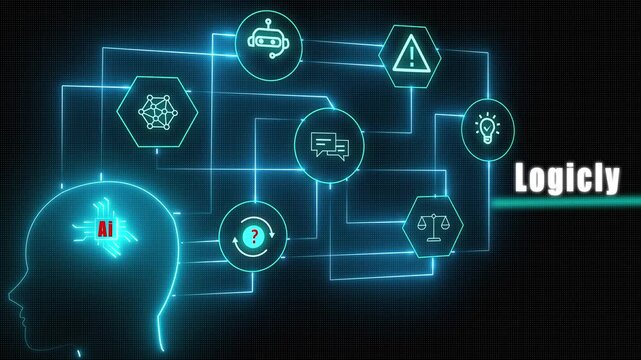 Futuristic neon cyan animation of glowing symbols representing logical thinking structure reasoning and rational artificial intelligence decision making on black background.
