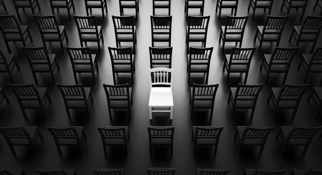 Brightly Lit White Chair Standing Out Among Dark Chairs