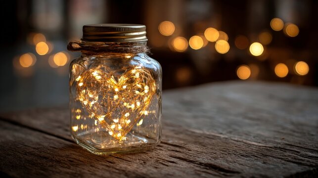 A glass jar containing heart-shaped fairy lights on a rustic wooden table, glowing warmly in a cinematic, dreamy setting.