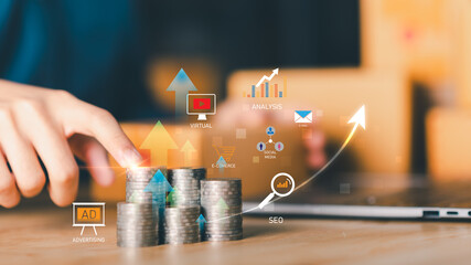Digital marketing analyze online advertising ROI as stacked coins grow with upward arrows, SEO...