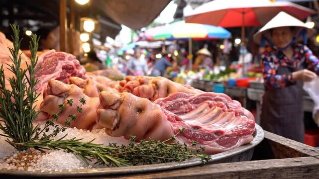 Fresh cuts of raw pork displayed at a traditional outdoor market with rosemary and thyme