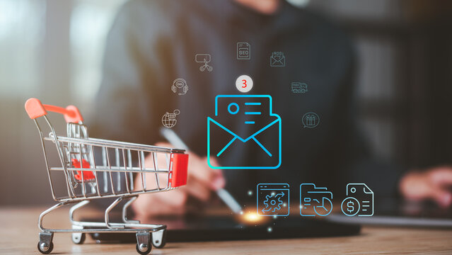 Email marketing notification message, representing automated email campaigns, customer engagement, order confirmation, promotions, personalized communication to increase online sales conversion.