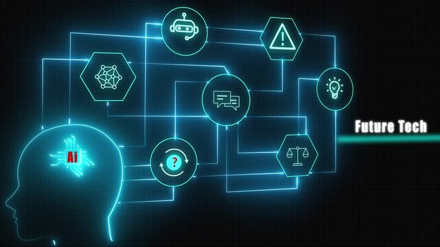 Futuristic animation of artificial intelligence ethics autonomous agents and digital brain silhouette for modern technology innovation and smart business transformation.
