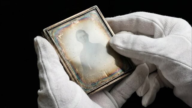 Archivist hands in white gloves holding an antique daguerreotype portrait. Examining a vintage silver plate photograph. Historian's Day