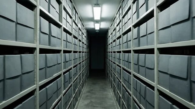 Dolly shot moving through an archive aisle filled with storage boxes. Rows of shelves with document containers in a warehouse. Data preservation concept