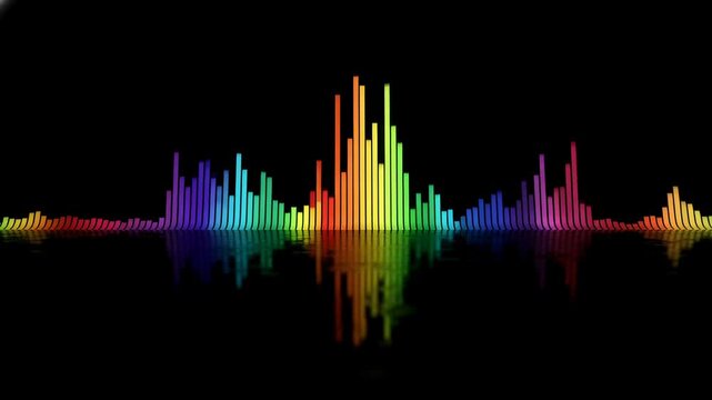 Colorful audio equalizer spectrum bars reflection on black surface with neon rainbow glow conveying rhythmic dynamic sound energy