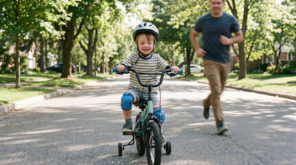 Naklejka premium Happy Boy Riding Bicycle with Training Wheels as Father Runs Behind on Street